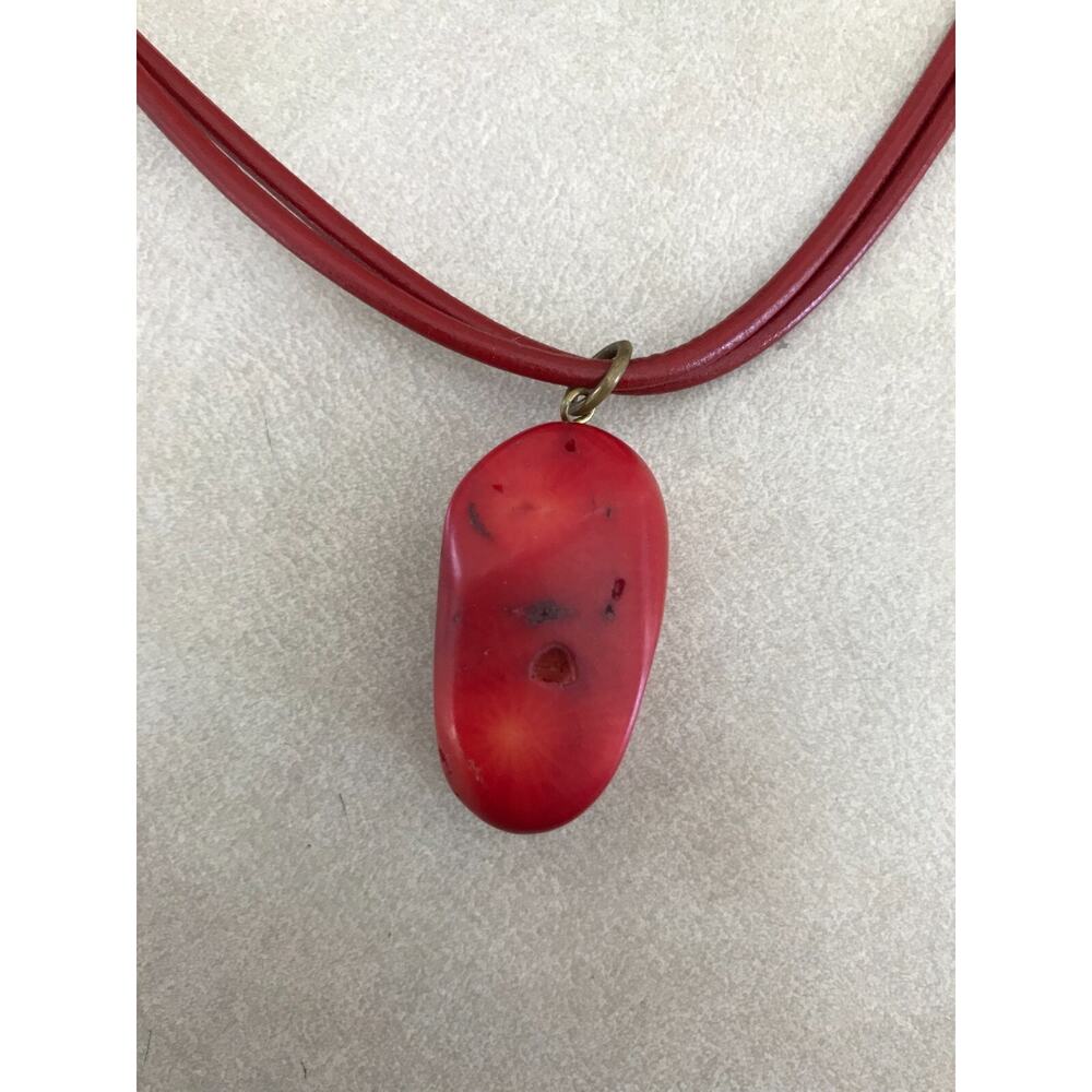 Athens Protasis Natural Red Coral Leather Strap Silver Pendant Necklace
